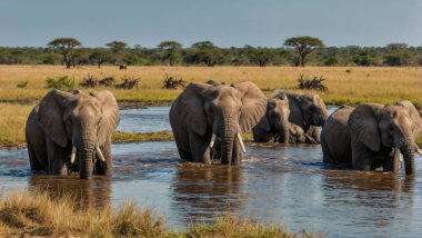 Savana nehrinde yıkanan bir Afrika fili sürüsü..