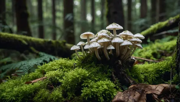 stock image cluster of small white mushrooms growing from an old tree trunk covered with green moss in the forest.