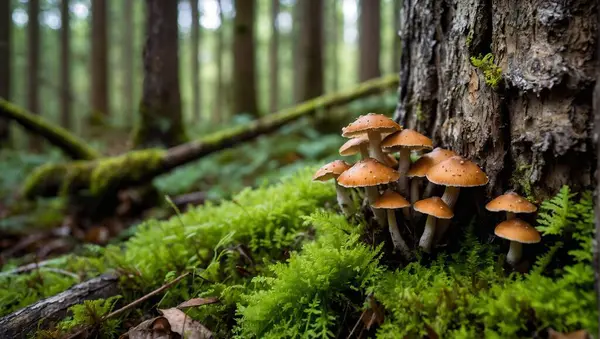 stock image cluster of small mushrooms with brown caps growing from an old tree trunk covered with green moss in the forest.