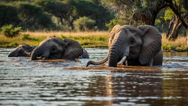 Savana nehrinde yıkanan bir Afrika fili sürüsü..