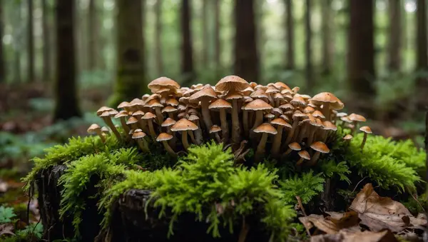 stock image cluster of small mushrooms with brown caps growing from an old tree trunk covered with green moss in the forest.