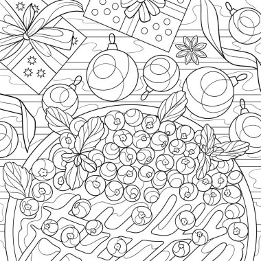 Noel manzarası boyama sayfası için yabanmersinli kek. Hediye kutuları ve Noel topları