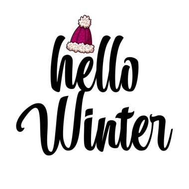 Hoş bir kış şapkası çizimiyle Hello Winter 'ın el yazısı. Pankartlar, tebrik kartları, çıkartmalar, posterler için el yazısı.