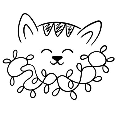 Şenlik ışıklarındaki sevimli çizgi film kedisinin çizimi. Noel tebrik kartları, posterler, oyunlar, çocuklar için boyama sayfası.