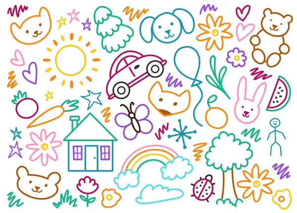 Çocuk resimleri vektör klipsleri izole edilmiş, çocuksu işaretler ve pastel boyalar, basit çocuksu tasarım öğeleri, çocuk çizimleri, sevimli karikatür hayvanları ve çiçek çizimleri, işaretleyici karalamalar   