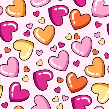 Açık pembe arkaplanda kalpsiz desen, renkli karikatür kalp desenleri, sevimli sevgililer günü dijital kağıt tasarımı, pembe, turuncu, sarı kalpler, aşk dekoratif desen sembolü
