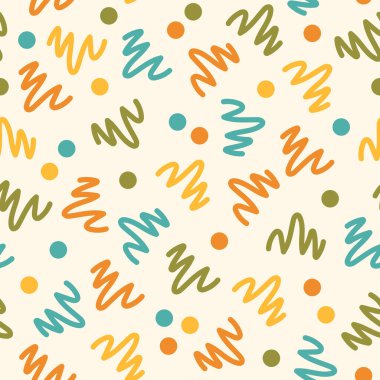 Açık bej bir arkaplanda karalama deseni, renkli çizim deseni, sevimli işaret dijital kağıt tasarımı, turuncu, sarı, yeşil ve mavi çizilmiş karalama çizgileri dekoratif desen