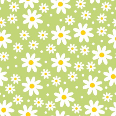 Yeşil arka planda çiçeksiz desen, renkli karalama desenli papatya desenli desen, papatya ambalaj kağıdı, sevimli karikatür dijital kağıt tasarımı, beyaz çiçekli yeşil parlak dekoratif desen.