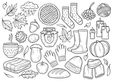 Sonbahar elementleri izole edilmiş klipsli sanat, siyah beyaz çizgiler şirin çizimler, sonbahar karalamaları ayrıntılı çizimler, el çizimleri sonbahar çizimleri ana hatlar, samimi karalama çizimleri, sonbahar çizimleri