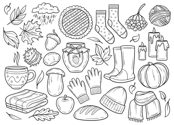 Sonbahar elementleri izole edilmiş klipsli sanat, siyah beyaz çizgiler şirin çizimler, sonbahar karalamaları ayrıntılı çizimler, el çizimleri sonbahar çizimleri ana hatlar, samimi karalama çizimleri, sonbahar çizimleri