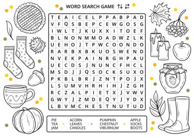 Satır çizimleri çalışma tablosuyla sonbahar kelime araması yapboz oyunu. İngilizce kelime öğrenmek için eğlenceli bir sonbahar aktivitesi. Çocuklar ve yetişkinler için eğitici bir oyun. Sonbahar çizgisi elementleri ve karalamaları çizer