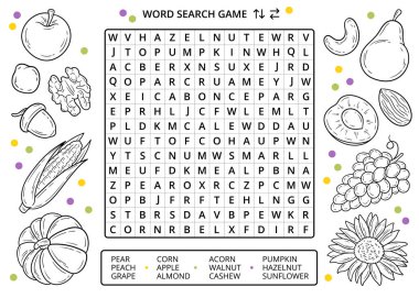 Satır çizimleri çalışma tablosu ile kelime araması yapboz oyununu hasat et. İngilizce kelime öğrenmek için eğlenceli yemek aktivitesi. Çocuklar ve yetişkinler için eğitici bir oyun. Meyve çizgisi sanat öğeleri, karalamalar