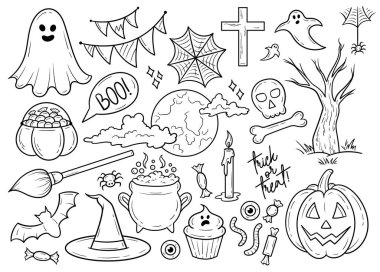 Halloween doodles vector illustration, Halloween isolated clip art, black and white line art cute drawings, hand drawn spooky stickers outline drawings, tattoo doodle illustration, October contours