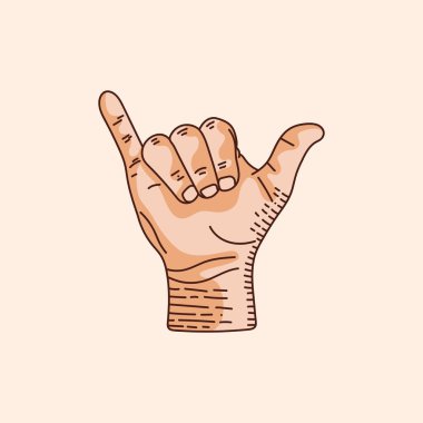 Y harfi logosu sağır-dilsiz el işareti alfabesinde. El çizimi vektör çizimi kahverengi arkaplanda izole edildi.