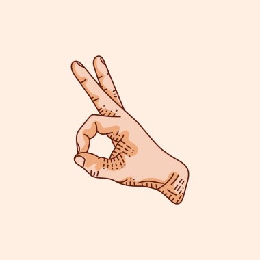 El, tamam işareti gösteriyor. İnsan eli hareketi. İzole edilmiş kahverengi arkaplanda vektör illüstrasyonu.