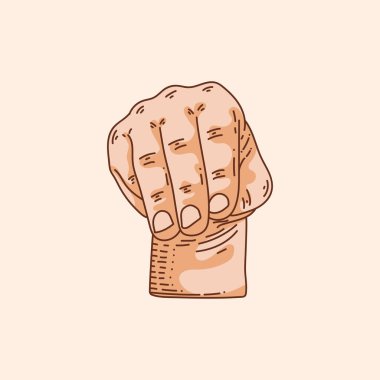 M harfi logosu sağır-dilsiz el işareti alfabesinde. El çizimi vektör çizimi kahverengi arkaplanda izole edildi.