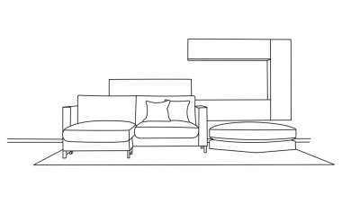 Mobilyalar. İç mekan. Oturma odası, kanepe, masa, pencere. Vektör.