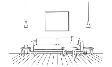 Mobilya. İç. Oturma odası kanepe, Masa, lamba, Resimler, pencere. Vektör.