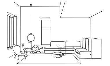 Mobilya. İç. Oturma odası kanepe, Masa, lamba, Resimler, pencere. Vektör.