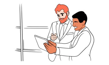 İş adamları ofiste birlikte çalışır, proje fikirlerini tartışırlar. Takım çalışmasının vektör çizimi, beyin fırtınası. Ofis çalışanları takımı. düz biçim, izole arkaplan