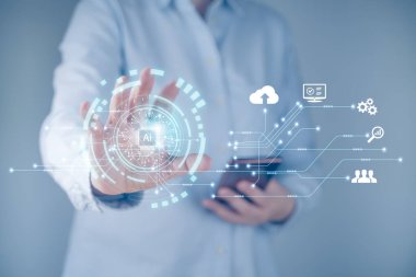 Fotokopi alanı, yenilik, ağ, büyük veriler, iş ve dijital veriler için internet konsept teknolojileri ile sanal ekranda el ele tutuşan karmaşık dairesel diyagrama sahip teknoloji soyutluğu