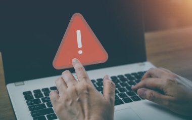 Exclamation security alarm of safety system warning technology sign show on laptop. Error problem cyberspace network, beware danger of virus. Digital screen message notice risk symbol online, fail.