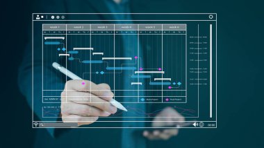 Business Analytics and Data Management System with the virtual screen Gantt chart to make report with KPI and metrics connected to database. Corporate strategy for operations, planning, marketing. 