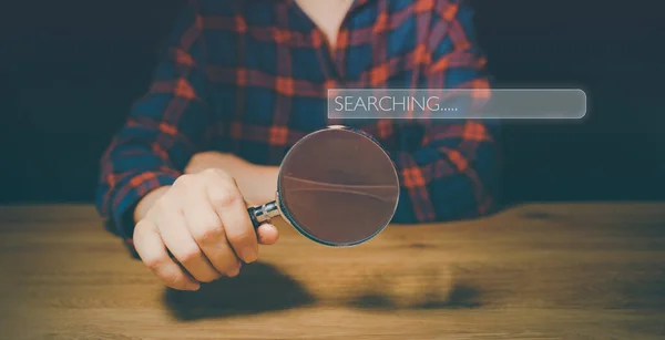 Hand Holding Magnifier Glass Search Bar Icon Seo Search Engine — Foto de Stock