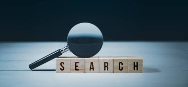 İnternet Veri Bilgileri Aranıyor. Arama motoru optimizasyonu SEO Ağ Kavramı. Ağaç blokta büyüteçle arama yap. Genel bilgi ağı sörfü web sitesi.