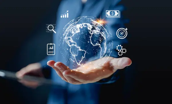 Business global internet connection application technology and digital marketing, Financial and banking, Digital link tech, big data. Hand holding virtual Global Internet connection metaverse.