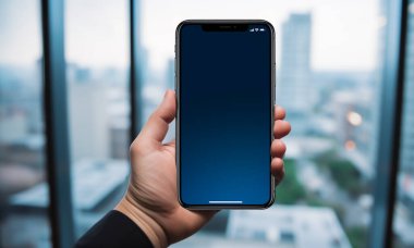 Akıllı telefon, boş ekran. İletişim teknolojisi, siber uzay kablosuz uygulaması. Cep telefonu aygıtı, kopyalama alanı ile boş görüntüyü gösterir. Çerçeve model cep telefonu aygıtı.
