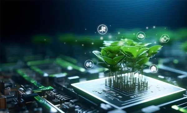 Green leaf plant on circuit. Concept smart farming agriculture technology. Future network of natural environment harvest management. Intelligence garden control application eco system. Ai generative.