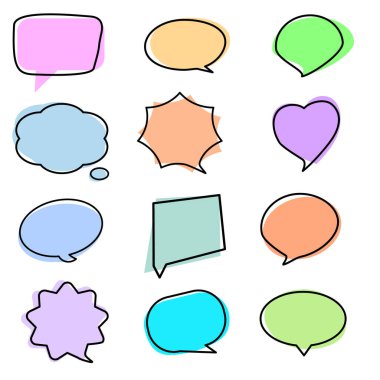 Konuşma balonu, vektör grafiği. Karalama ile yazılmış metin mesajı iletişim illüstrasyon sembolü. Kelime dili ikon koleksiyon çıkartması afişi. Çizgi roman diyaloğu, düşün, yorum, alıntı.