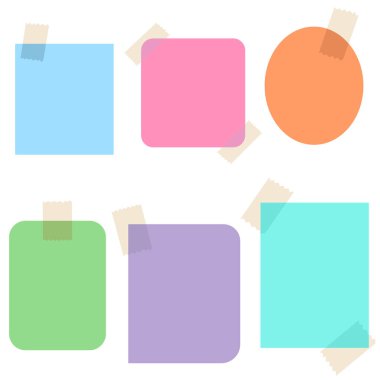 Yapışkan notun vektör illüstrasyon seti, yapışkan not kağıdı, hatırlatıcı ileti için boş kağıt etiket kağıdı. Yapışkan renkler dizaynı, ofis duyurusunda panoya dikkat edin.