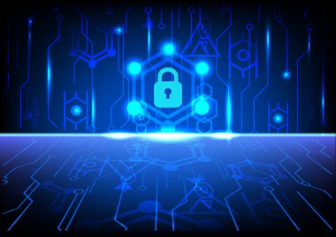 Çember teknolojisi soyut arkaplanı kilitle. Siber güvenlik kavramı, anahtar delikli asma kilit, çevrimiçi erişim sistemi iletişimi, çevrimiçi sistemde dijital siber uzay özel şifre koruması.