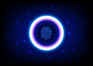 Biyometrik güvenlik kilidi koruma teknolojisi için parmak izi. Gizlilik erişimi kavramı dijital kimlik, güvenli ağ sistemi, kimlik doğrulama sateti, siber suç koruması, tarama.
