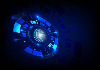 Parmak izi güvenliği soyut teknoloji geçmişi. Gizlilik erişimi kavramı, tanımlama için tarama arayüzü, şifre şifreleme, geleceksel desen, biyometrik dijital denetim doğrulaması.