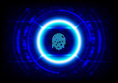 Parmak izi güvenliği soyut teknoloji geçmişi. Gizlilik erişimi kavramı, tanımlama için tarama arayüzü, şifre şifreleme, geleceksel desen, biyometrik dijital denetim doğrulaması.