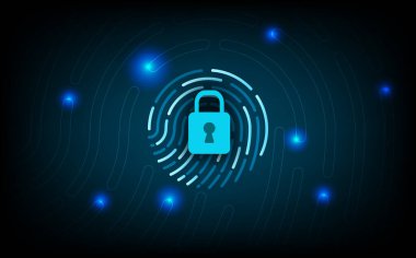 Parmak izi doğrulaması, biyometrik güvenlik erişimi, şifreleme güvenlik duvarı, çevrimiçi gizlilik için gizli bilgi koruma konsepti, kimlik doğrulaması içeren gelecekteki dijital kilit sistemi.