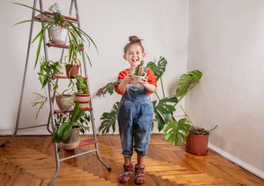 Küçük kız kaktüs gösteriyor. Bir sürü çiçekli oda.