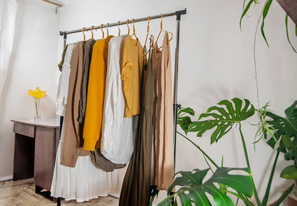 Second-hand clothes  on the rail at home. The concept of sustainable economic life