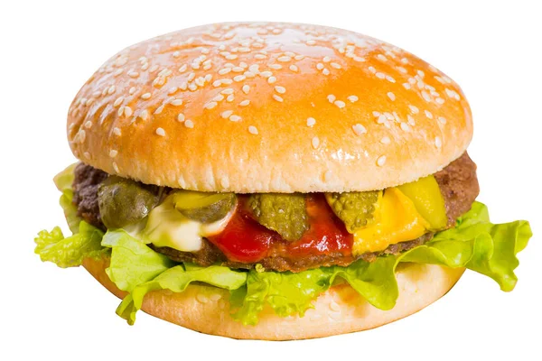 Burger Ogórkami Sosami Sałatą Izolowany Burger Bułce Sezamowej Kotletem Warzywami — Zdjęcie stockowe