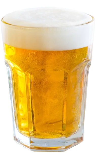Light yellow beer with white high foam in a glass. Glass filled with beer and foam