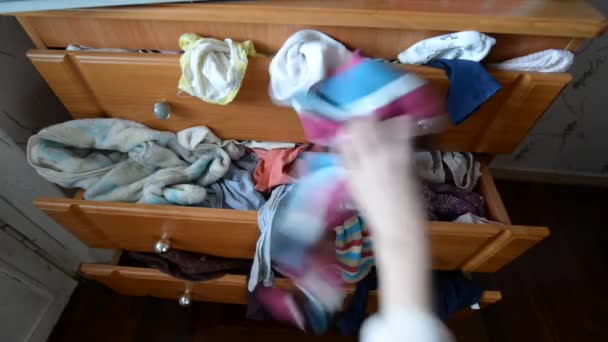 Mess Clothes Closet Person Inaccurately Stuffs Clothes Linen Closet — Vídeo de Stock