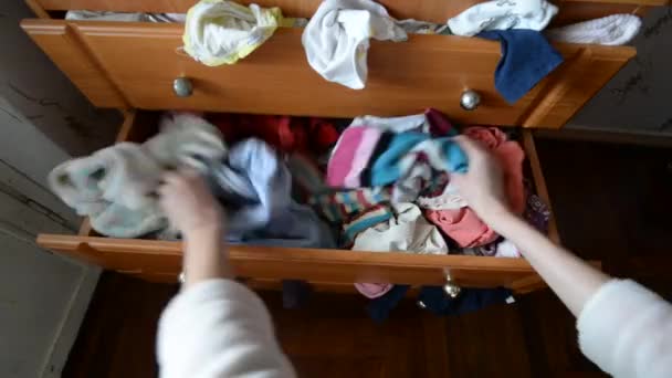 Person Cannot Find Right Clothes Mountain Linen Outraged Hands Rummaging — Stockvideo
