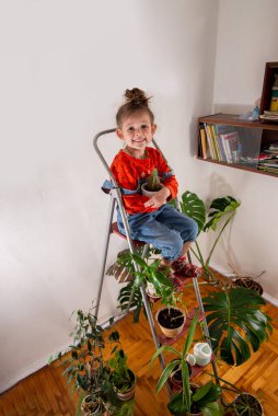 Küçük kız yetişkin bir kaktüsün tadını çıkarıyor. Ev bitkisi bakımı. Bir sürü çiçekli oda.
