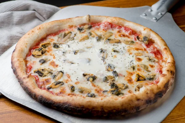 Pizza Com Cogumelos Frango Com Molho Creme Branco Queijo Derretido — Fotografia de Stock