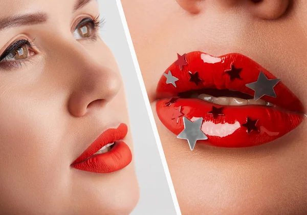 Collage Mit Frau Mit Hellem Make Schönheitsmodenporträt Schönheitssalon Konzept — Stockfoto