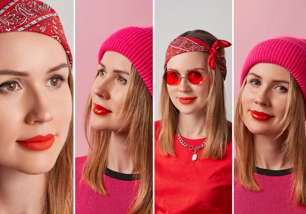 Collage Con Mujer Con Lápiz Labial Rojo Sobre Fondo Rosa — Foto de Stock