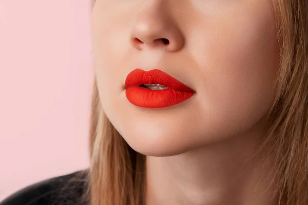 립스틱 곱슬곱슬 입술을 닫는다 아름다움은 개인의 보살핌을 나타내고 화장을 미용실의 — 스톡 사진
